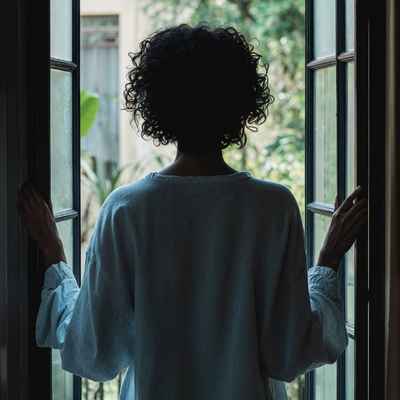 A Black woman seen from behind is looking out an open window as she plans her next positive change A Black woman seen from behind is looking out an open window as she plans her next positive change