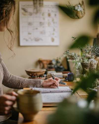 A woman journaling and sipping a drink