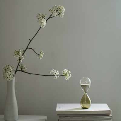 A flower vase and hourglass over books, being used to track time for an executive function tip test