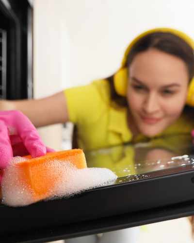 A woman with headphones on listening to a podcast, music, or audiobook while completing tasks like cleaning in the kitchen