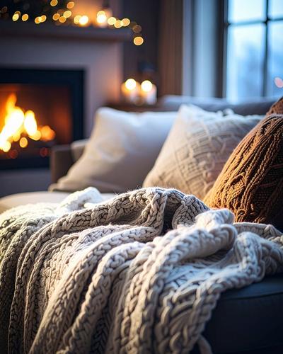 A cozy couch by the fireplace with thick blanket and many pillows for quiet recharge time during and after the holidays